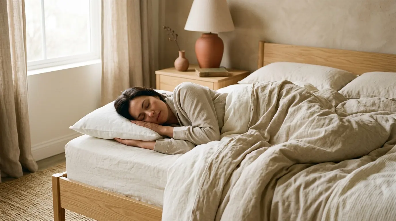 Persona con pijama de manga larga durmiendo de lado, con la cabeza apoyada en una almohada blanca